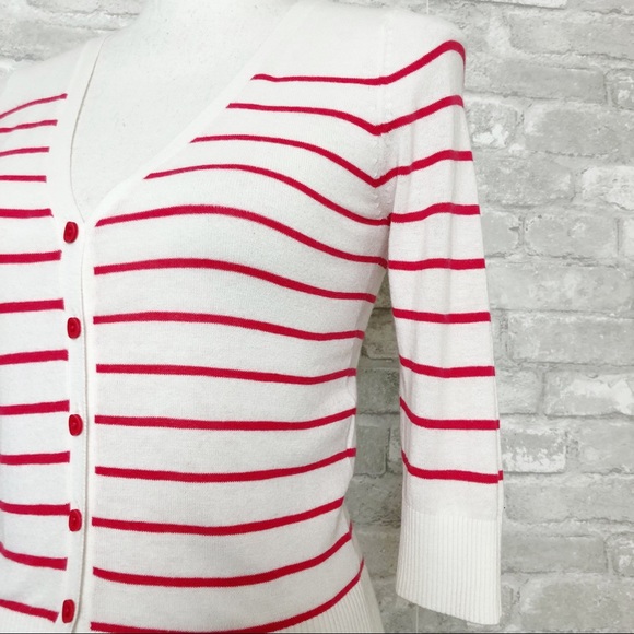 CACHE CACHE White & Red Striped Button Down Quarter Sleeve Cardigan Sweater Sm - Picture 8 of 13